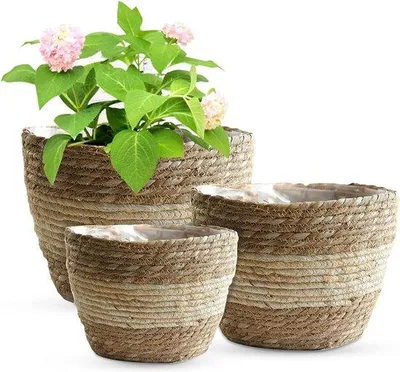 Produktbild von Famanu Pflanzenmand Set 3 Stück - Handgefertigte, geflochtene Blumenkübel in Beige