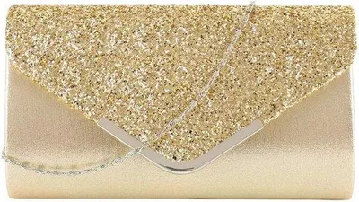 Image de Sac à main en satin pailleté pour femme - Chaîne décorative - Modèle enveloppe - Design rétro élégant - Pochette pour femme - Idéal pour un mariage ou une soirée