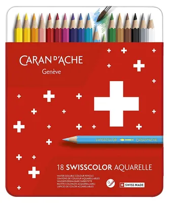 A box of Caran d'Ache Swisscolor Aquarelle water-soluble colored pencils.