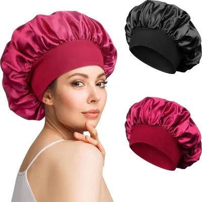 Produktbild von 2 Stück Schlafmütze Satin Bonnet Nacht Schlaf Mütze Verstellbare Schlafkappe Kopfbedeckung Weiche Kopfhaube Schlafhaube Seide mit Gummizug für Damen und Mädchen (Schwarz, Rot)