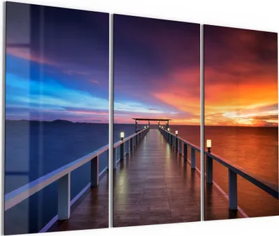 Produktbild von DEQORI Glasbild Echtglas 3x50x100 cm 'Holzkai am Abend' Wandbilder XXL groß