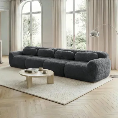 Zdjęcie produktu dla Pluszowa sofa czteromiejscowa, modułowa, antypoślizgowa, z poduszkami, 378 x 104 x 73 cm, szara