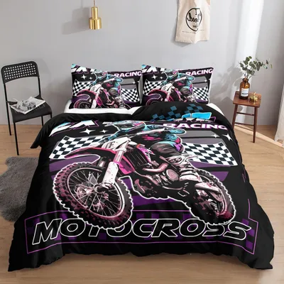 Productafbeelding van Beddengoedset met motorkruisprint, 135x200 cm, 80x80 cm, 2-delig, microvezel