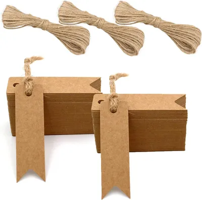 Zdjęcie produktu dla Etykiety papierowe, kraft, 7 x 2 cm, 200 sztuk, z sznurkiem jutowym, do pakowania prezentów