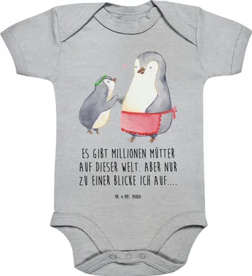 Produktbild von Mr. & Mrs. Panda Strampler Pinguin mit Kind 1. - 3. Monat - Heather Grey - Geschenk, body baumwolle, Familie, Vorbild Mama, Muttertag, Baby, Kurzarmbody, Mami, Mutter