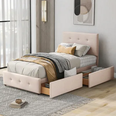 Produktbild von Flieks Polsterbett Einzelbett Holzbett mit höhenverstellbarem Kopfteil, Lattenrost und zwei Schubladen, Samt 90x200cm Jugendbett Kinderbett