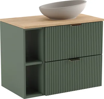 A bathroom vanity with a sink on top, against a white background.