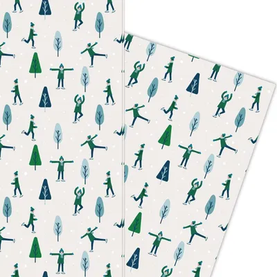 Produktbild von Süßes Winter Weihnachts Geschenkpapier mit Schlittschuhläufern grün - G5960, 32 x 48cm