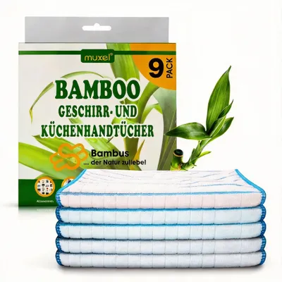 Immagine prodotto di MUXEL - Asciugamani in bambù - Confezione da 9 - Strofinacci in bambù altamente assorbenti - Panni in bambù morbidi per lucidare, asciugare e pulire - Panni multiuso in bambù, sostenibili