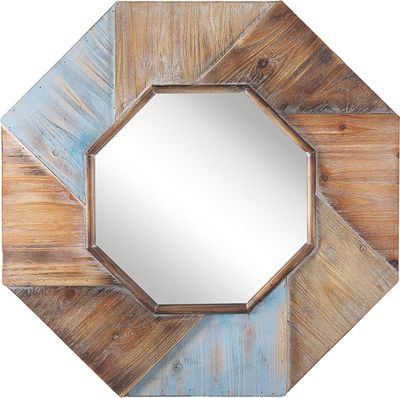 BELIANI Achteckiger Wandspiegel mit Breitem Rahmen aus Tannenholz Bunt Braun und Blau Vintage 77 x 77 cm