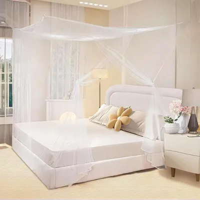 Produktbild von Moskitonetz, feinmaschig, großes quadratisches Moskitonetz für Doppelbett und Einzelbett, Fliegennetz, 200 x 220 x 210 cm, Weiß