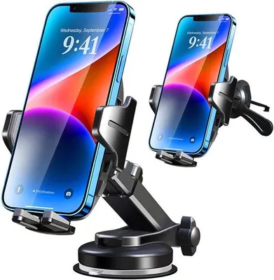 Produktbild von Halterung für das Smartphone im Auto, 3-in-1: Lüftungsschlitzbefestigung und Saugnapf, 360° schwenkbar, sehr stabil, universeller Silikon-Schutz für alle Geräte