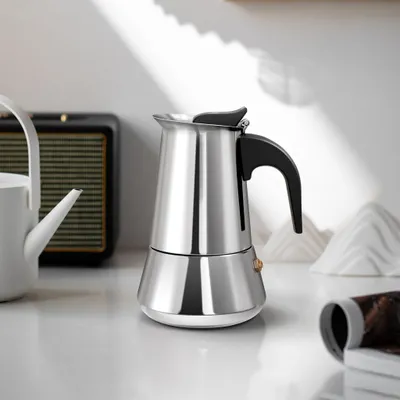 Produktbild von Espressokocher, 100 ml, 2 Tassen, Kaffeebereiter, Kaffeekanne, Kaffeekocher, Edelstahl, für Induktionsherde und offene Flammen