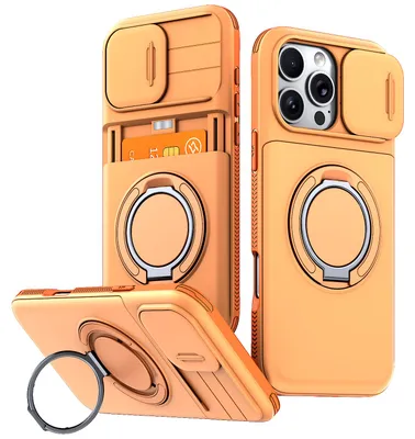 Obrázek produktu pro Pouzdro pro iPhone 16 Pro Max, Přihrádkou na karty, posuvným krytem fotoaparátu, kroužkovým stojánkem Oranžová