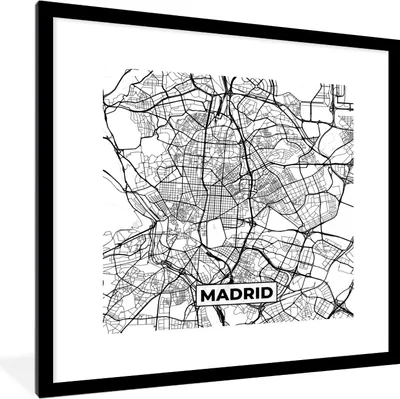 Produktbild von MuchoWow® Gerahmtes Poster Madrid - Schwarz und weiß - Stadtplan - Karte 40x40 cm - Poster mit Schwarzem Bilderrahmen Wandposter Rahmen Foto Bilder - Poster - Plakat im Rahmen