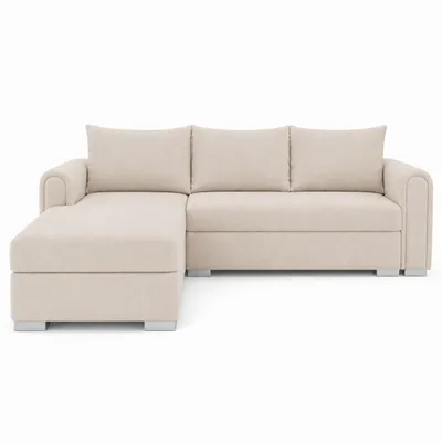 Zdjęcie produktu dla Sofa narożne NORDI w kolorze beżowym, uniwersalne, z funkcją spania i pojemnikiem na pościel, wymiary: 242 × 77 x 145 cm, Obraz wygenerowany przez AI
