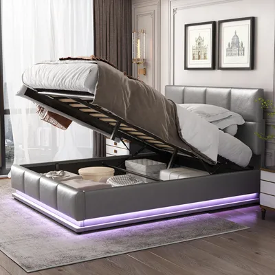 Obrázok produktu pre Čalúnená posteľ 140x200 cm s LED osvetlením a hydraulicky zdvíhateľným úložným priestorom, základňa postele a lamelový rošt, manželská posteľ, sivá
