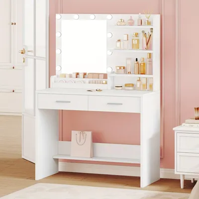 Obrázok produktu pre Toaletný stolík - Stolík na líčenie - Zrkadlo na líčenie - Biely, 90 cm, s LED osvetlením