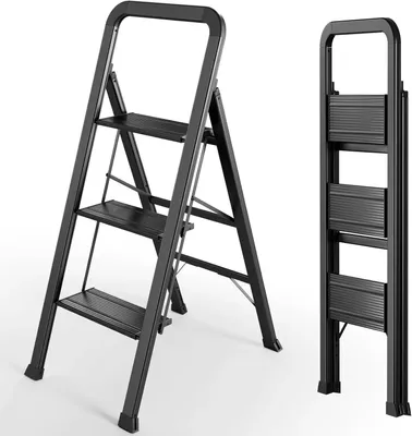 Produktbild von Aluminium Trittleiter mit Handlauf - Klappbare Haushaltsleiter 3 Stufen - Rutschfest - Leicht - Tragkraft 150 kg - Höhe 44–103 cm - Schwarz