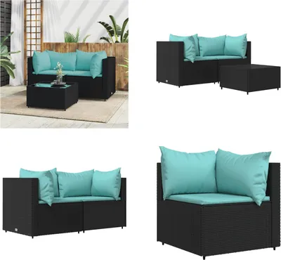 Image de vidaXL 3 pcs. Garden Lounge Set with Coussins Black Poly Rattan - Garden Lounge Set - Garden Lounge Sets - Outdoor Lounge Set - Lounge Set Terrasse