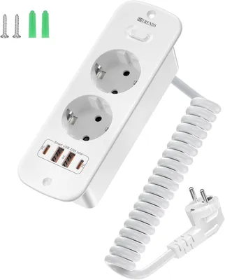 Productafbeelding van Inbouwstopcontact met 4 USB - 2-voudig tafelstopcontact met schakelaar - Stekkerdoos met 2 m veerdraadkabel - Wit