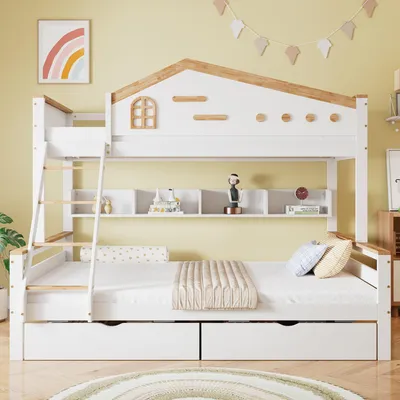 A bunk bed with storage drawers and shelves, decorated with a rainbow picture and a garland.