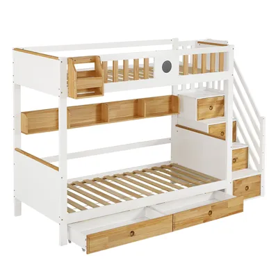 Produktbild von Flieks Etagenbett 90x200cm mit Rausfallschutz, Kinderbett mit 2 Schubladen und Tafel, Hochbett mit Treppe und Regal, Stockbett mit Lattenrost, Weiß