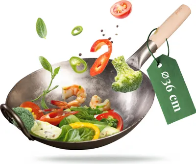 A wok filled with various ingredients like shrimp, broccoli, peppers, and tomatoes, with some ingredients flying out of the wok.