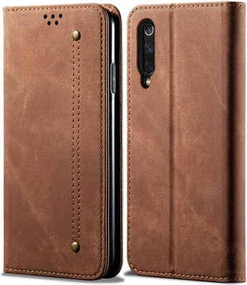 Produktbild von Xiaomi Mi 9 Hülle, LaimTop Denim Leder Brieftasche Magnetverschluss Flip Bookstyle Schutzhülle mit Standfunktion für Xiaomi Mi 9 Braun