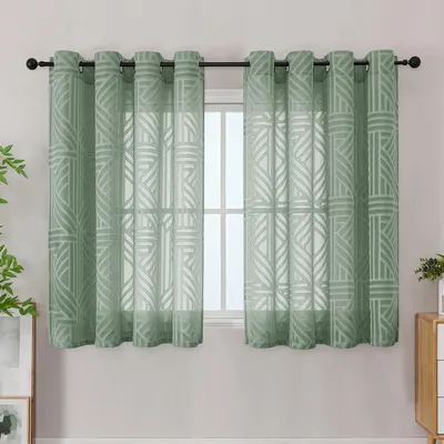 Produktbild von Ausbrenner Küchengardinen mit Ösen - 2er Set halbtransparent mit geometrischem Muster - Fensterdekoration für Küche und Bad - Salbei Grün 140x122 cm