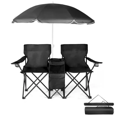 Image de Chaise de camping double avec parasol et sac isotherme, chaise pliante pour 2 personnes avec porte-gobelet, chaise de pêche, chaise de plage, noire