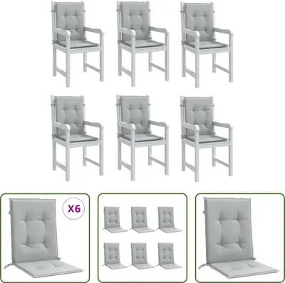 A collection of white garden chairs with light gray cushions, displayed in a grid and in separate product shots.