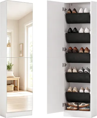 Produktbild von Schuhschrank mit Ganzkörperspiegel für 12 Paar Schuhe, 50 x 20 x 180 cm, weiß | Schmale Schuhkommode mit 2 umkehrbaren Türen, Vliesstoffablagen und Soft-Close-Funktion für Eingang und Flur