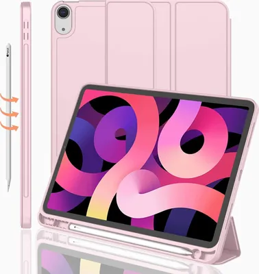 Produktbild von Schlanke Hülle für iPad Air 4. Generation Hülle 2020, iPad 10,9 Zoll Hülle 2020 mit Stifthalter [Unterstützung Touch ID und iPad 2. Bleistift aufladen / paarweise], Trifold Stand Smart Hülle mit weichem TPU-Rücken (Rosa)