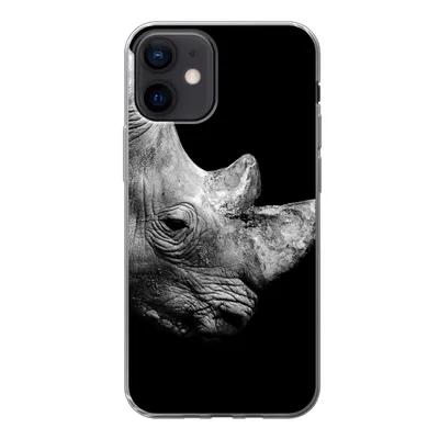 Produktbild von MuchoWow® Handyhülle Schutzhülle Hülle für iPhone 12 Portrait Nashorn auf schwarzem Hintergrund Silikon Softcase Handy Hülle - Schutzhülle