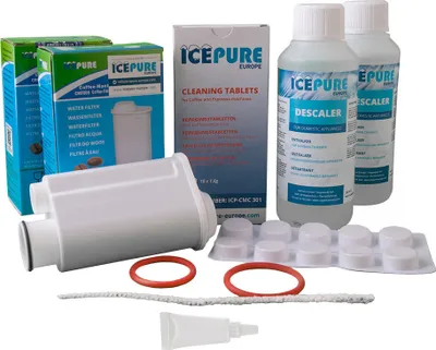 A collection of coffee machine maintenance products, including water filters, cleaning tablets, and descaler solution.