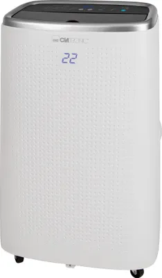 A white portable air conditioner with a digital display showing '22'.