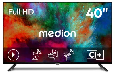 Produktbild von MEDION 100,3 cm (40 Zoll) Full HD Fernseher (Triple Tuner Receiver DVB-T2 DVB-C DVB-S2, 2 x HDMI, USB, Sleeptimer, Mediaplayer, VESA, CI+, MD 840002)