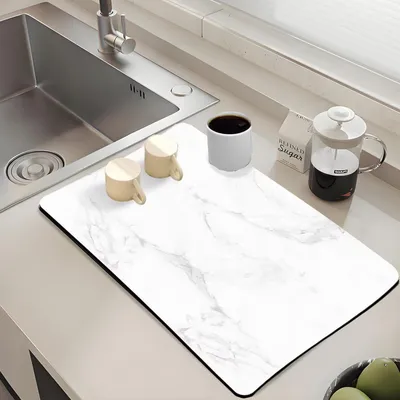 Produktbild von Geschirrmatte 60x40cm, Abtropfmatte für Kaffeemaschine, Matte für Kaffeemaschine, Abtropfmatte für Spülbecken, saugfähige, rutschfeste Geschirrmatte für Küche und Bad (weißer Marmor)