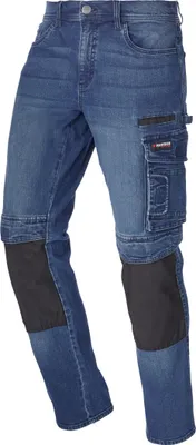 A pair of blue workwear-style jeans with black knee patches and a cargo pocket.