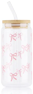Bow-Glas-Becher-Set 16 oz rosa mit Deckel und Strohhalm