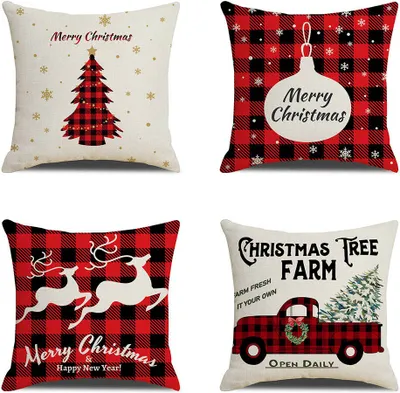 Produktbild von 4er Pack Weihnachtskissen Bezüge (ohne Füllung) Weihnachten Kissen Weihnachtskissenbezug Kissenbezüge 45x45 cm Kissenbezug Kissenhülle Deko Bezüge Merry Christmas Sofakissen (Muster A, Kissenbezug ohne Füllung)