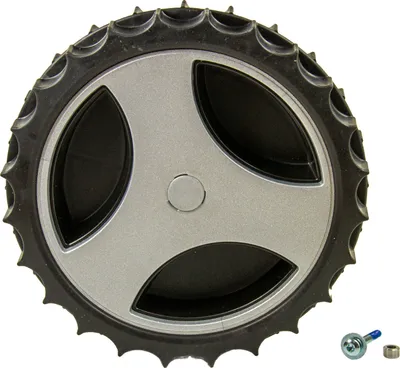 A close-up studio shot of a black and silver wheel with a bolt and nut accessory.