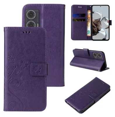 A collage of images showing a purple floral butterfly flip phone case for a Motorola Moto G35 5G.