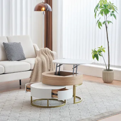 Produktbild von CDGlobal 2 Set Goldener Satztisch, hochklappbare Couchtischkombination, Beistelltisch mit 2 Schubladen