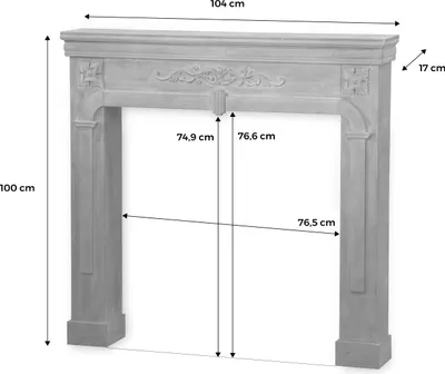 A fireplace mantel with dimensions shown.