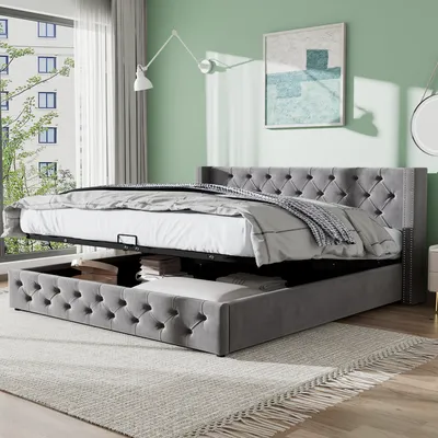Produktbild von Flieks Polsterbett 140x200cm mit Lattenrost, Hydraulisches Boxspringbett mit Bettkasten und Stauraum, Samt Doppelbett Stauraumbett Funktionsbett, Grau