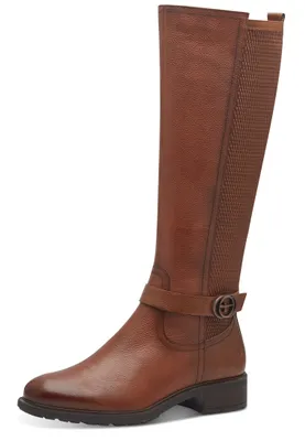 A single brown leather boot is shown against a white background.