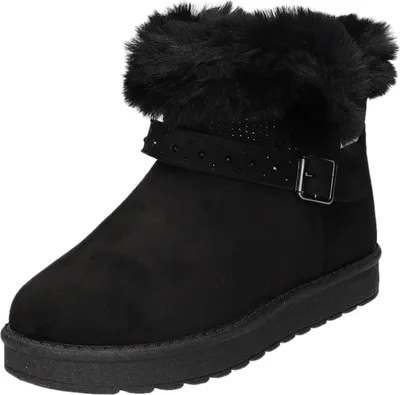 A single black boot with fur trim and a buckle detail, shown from the front on a white background.