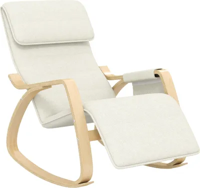 Produktbild von HOMCOM Schaukelstuhl, Stillstuhl, Relaxsessel mit verstellbarer Fußstütze, Seitentasche und Kopfstütze, Schaukelstuhl fürs Schlafzimmer, 67 x 110 x 91 cm, Creme